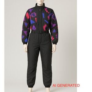 Vintage 80s Nils Ski Snow Jumpsuit Black Multi Color Abstract Print Zip Belted